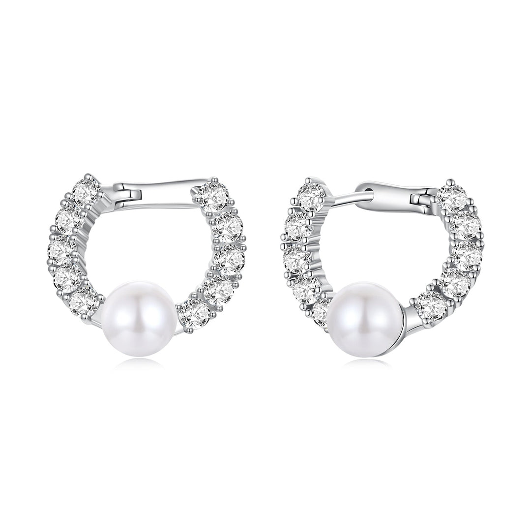 925 Sterling Silver White Gold Plated 1.6cm Hoop Earrings with Synthetic Pearl for Women