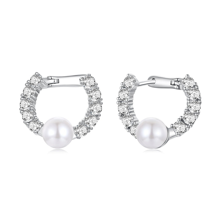 925 Sterling Silver White Gold Plated 1.6cm Hoop Earrings with Synthetic Pearl for Women
