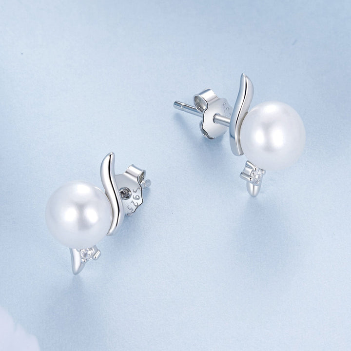 925 Sterling Silver Natural Pearl &amp; CZ Earrings Plated in Platinum
