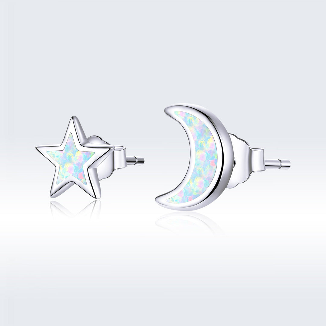925 Sterling Silver Opal Earrings for Women - Star &amp; Moon Design