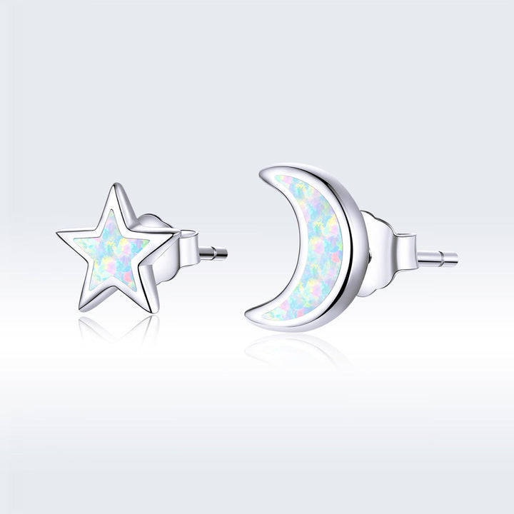 925 Sterling Silver Opal Earrings for Women - Star &amp; Moon Design