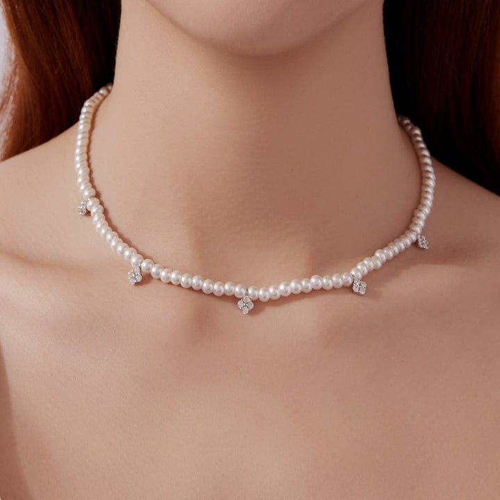 925 Sterling Silver Necklace with Pavé Setting CZ &amp; Synthetic Pearl for Women