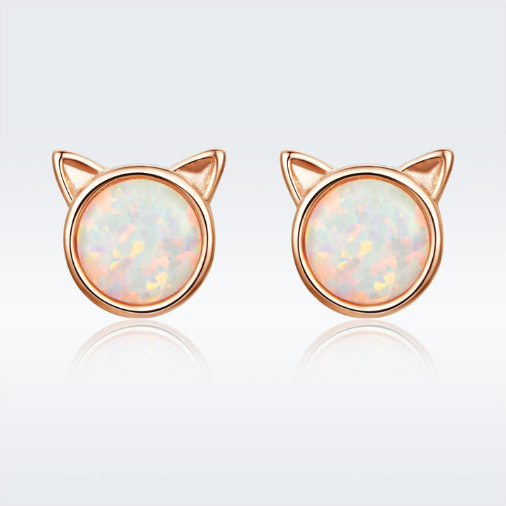 925 Sterling Silver Plated Rose Gold Opal Earrings 0.8cm for Women