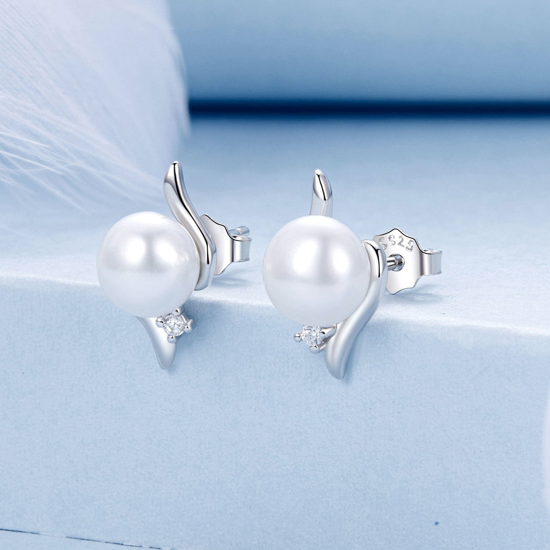 925 Sterling Silver Natural Pearl &amp; CZ Earrings Plated in Platinum