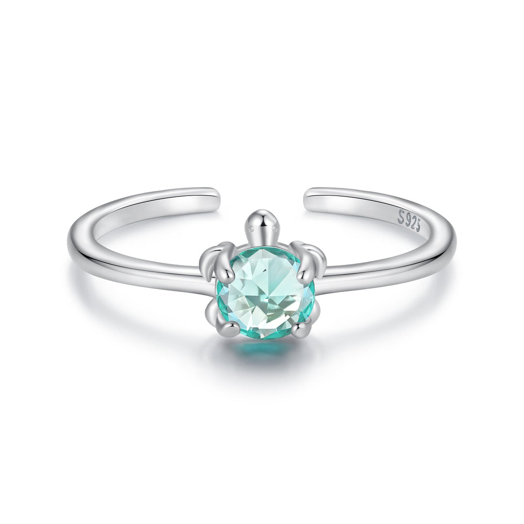 925 Sterling Silver White Gold Plated Transparent Glass Turtle Ring