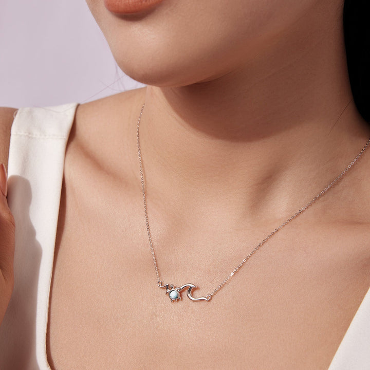 925 Sterling Silver Necklace with Sea Stone and Pavé CZ, 40+5cm, Plated White Gold for Women