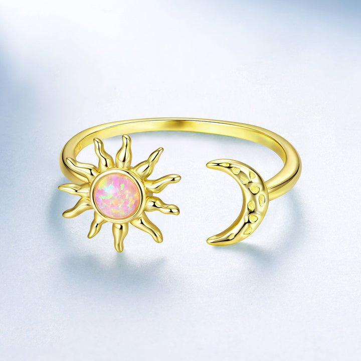 925 Sterling Silver Gold Plated Ring with Synthetic Opal Sun &amp; Moon for Women