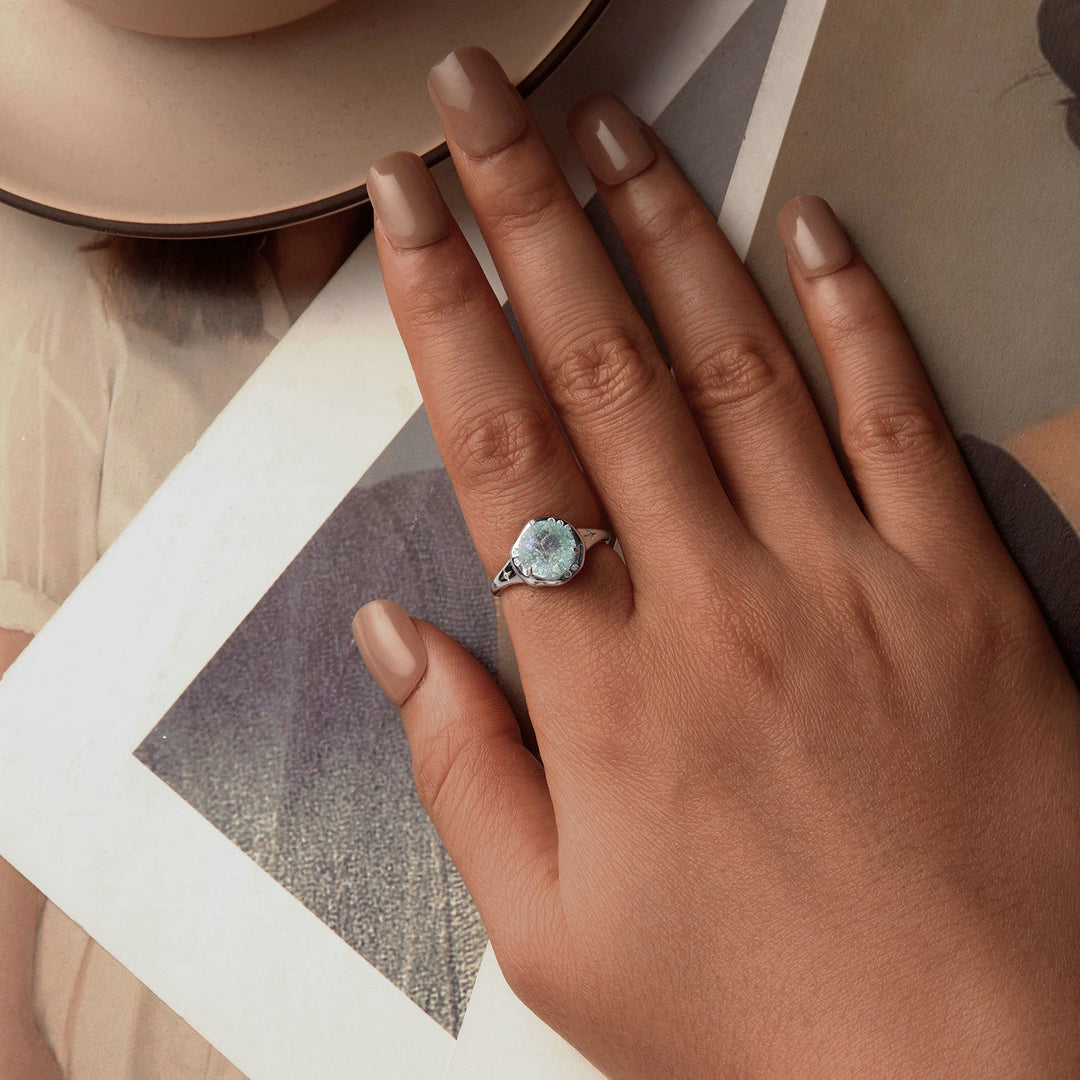 925 Sterling Silver Ring Size 6.0 with 11mm CZ &amp; Transparent Glass for Women