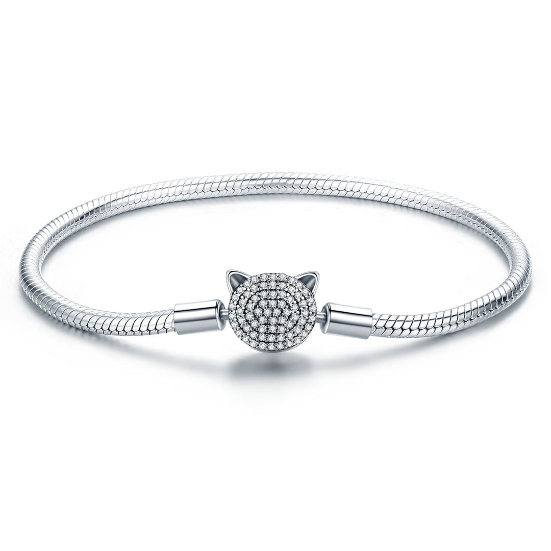 925 Sterling Silver Bracelet with Cat Head Charm, 17cm for Women