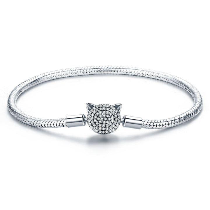 925 Sterling Silver Bracelet with Cat Head Charm, 17cm for Women