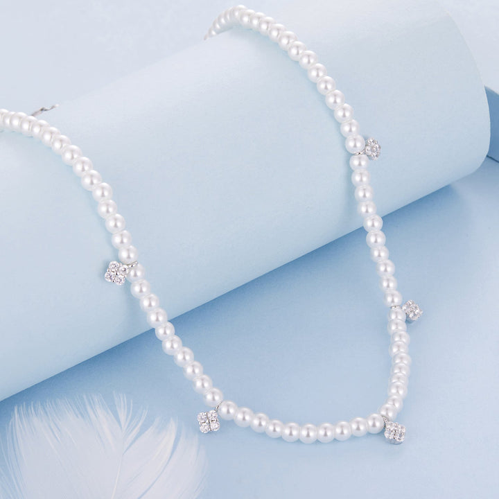 925 Sterling Silver Necklace with Pavé Setting CZ &amp; Synthetic Pearl for Women
