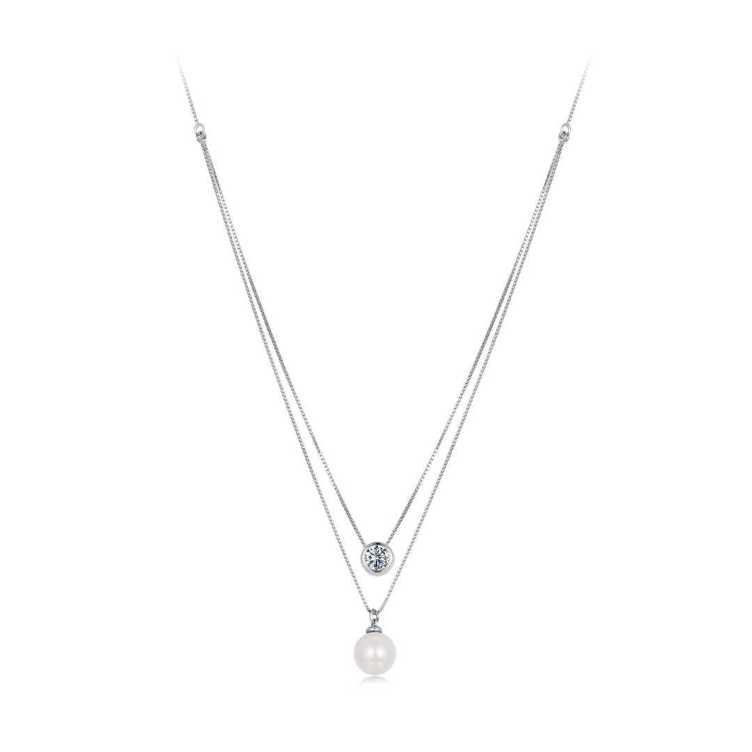 925 Sterling Silver Moissanite &amp; Quality Shell Pearl Necklace for Women - 40+5cm, White Gold Plated
