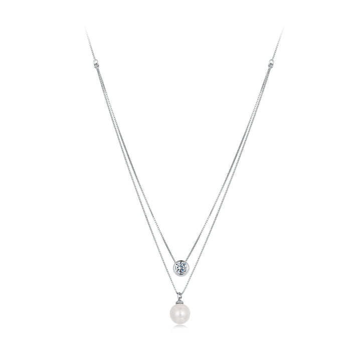 925 Sterling Silver Moissanite &amp; Quality Shell Pearl Necklace for Women - 40+5cm, White Gold Plated