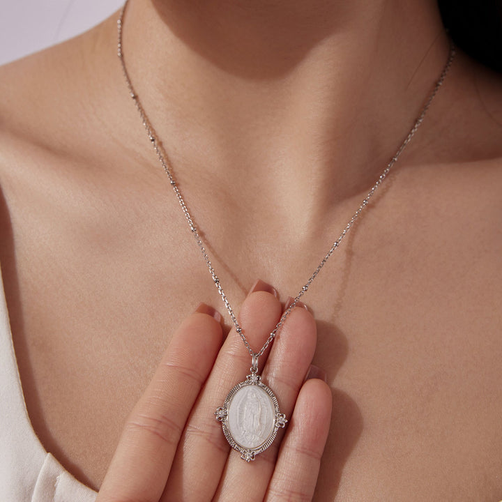 925 Sterling Silver Necklace with White Gold Plating, 40+5cm Length, CZ &amp; Mother of Pearl Pendant for Women