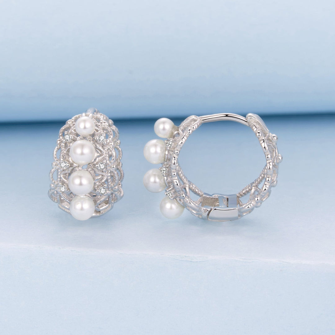 925 Sterling Silver Hoop Earrings with Synthetic Pearl and CZ, 1.1cm for Women