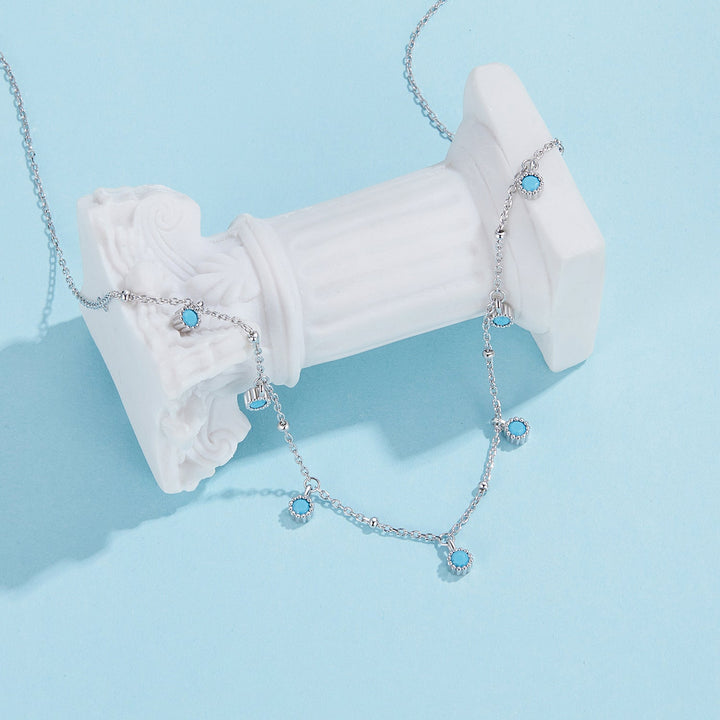 925 Sterling Silver Necklace with Synthetic Turquoise in White Gold, Adjustable 450mm for Women