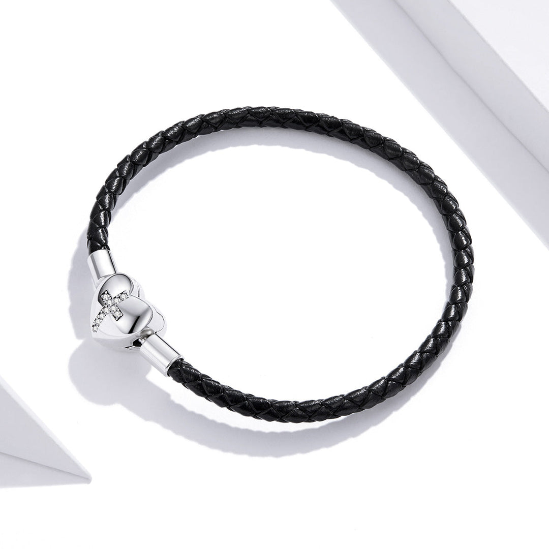 925 Sterling Silver Leather 17cm Bracelet with Oxidized CZ for Women