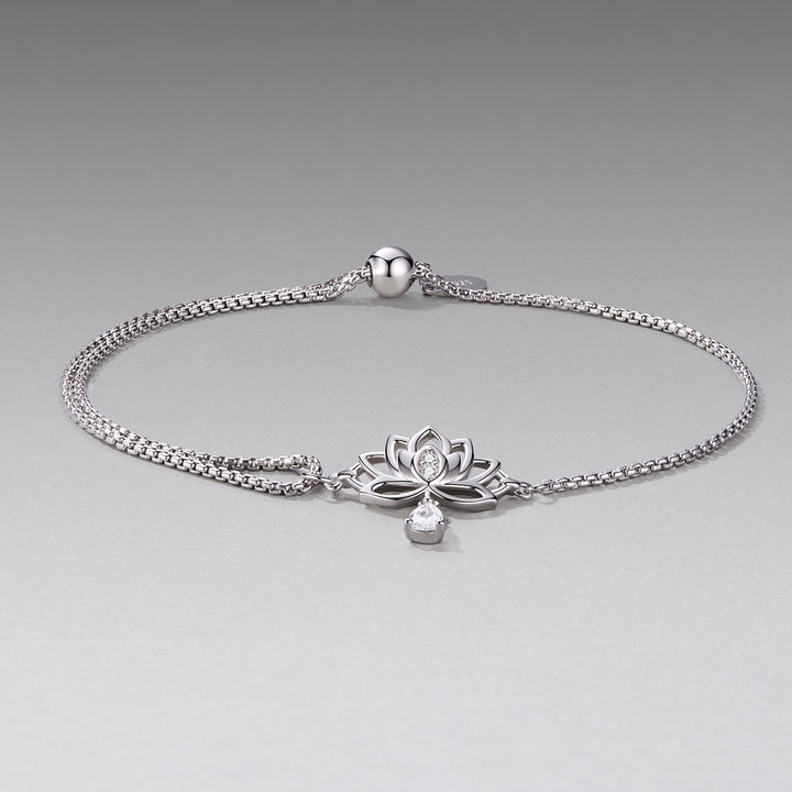 925 Sterling Silver Adjustable Chain Bracelet with White Gold Plating and CZ for Women