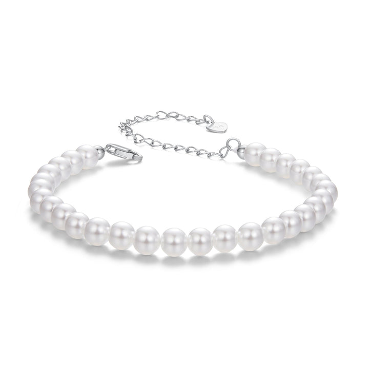 925 Sterling Silver Adjustable White Gold Plated Bracelet with Synthetic Pearl for Women