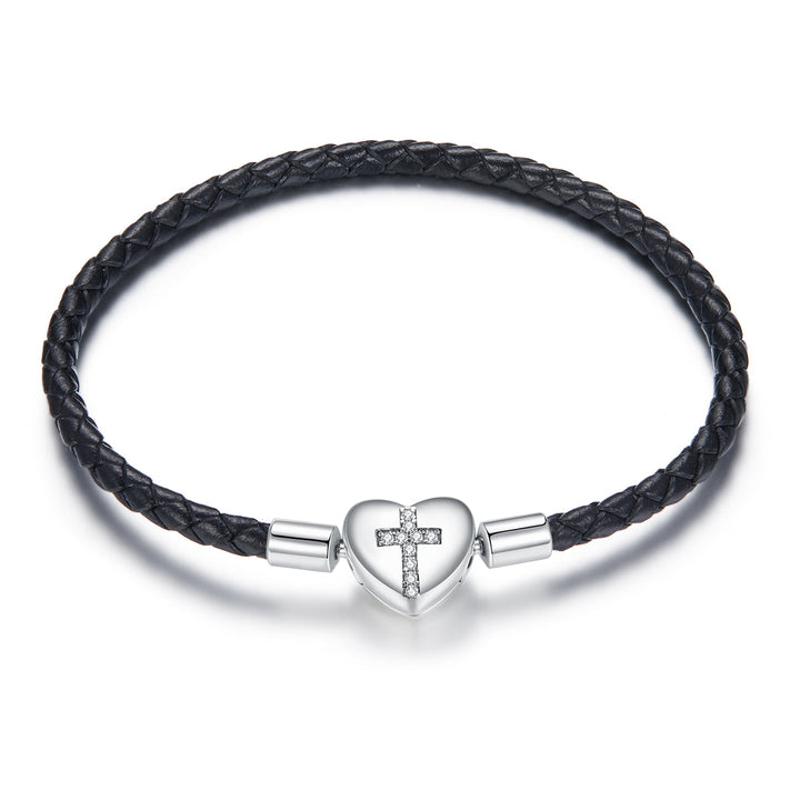 925 Sterling Silver Leather 17cm Bracelet with Oxidized CZ for Women