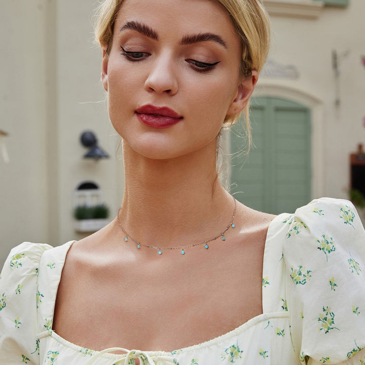 925 Sterling Silver Necklace with Synthetic Turquoise in White Gold, Adjustable 450mm for Women
