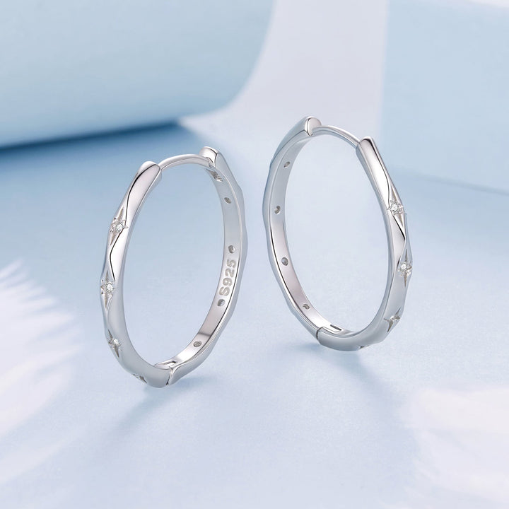 925 Sterling Silver White Gold Plated Hoop Earrings with CZ - 2.0cm