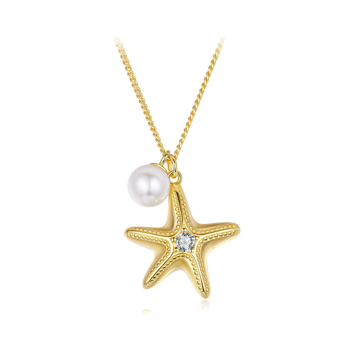 925 Sterling Silver Necklace with Gold Plating, 40+5cm, Featuring Synthetic Pearl &amp; CZ for Women