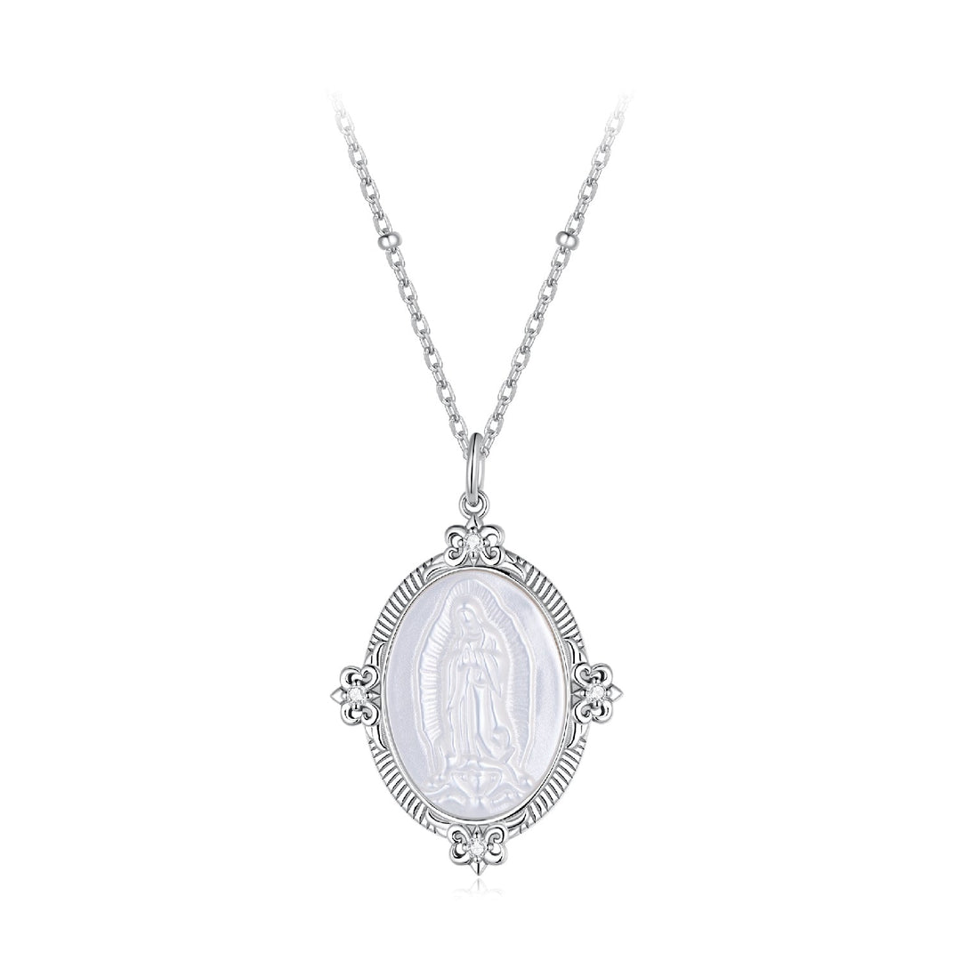 925 Sterling Silver Necklace with White Gold Plating, 40+5cm Length, CZ &amp; Mother of Pearl Pendant for Women