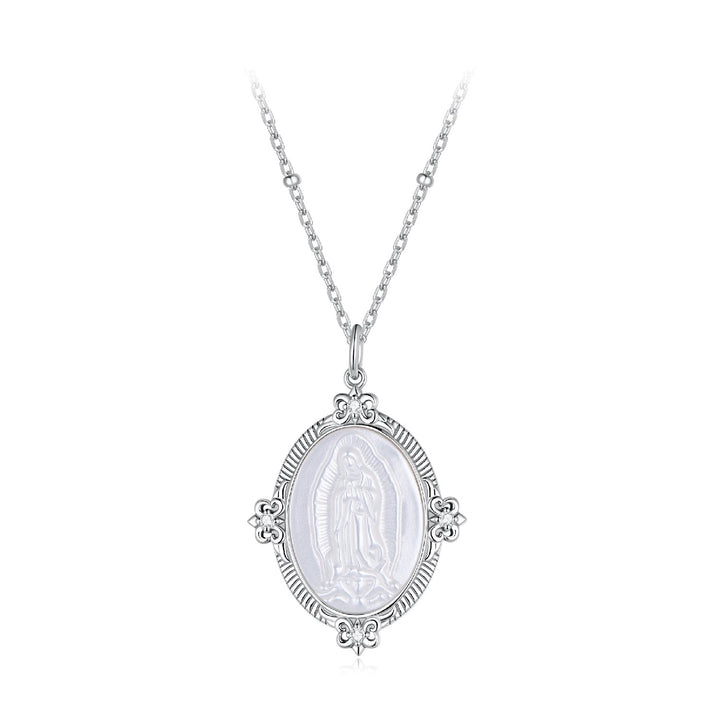 925 Sterling Silver Necklace with White Gold Plating, 40+5cm Length, CZ &amp; Mother of Pearl Pendant for Women
