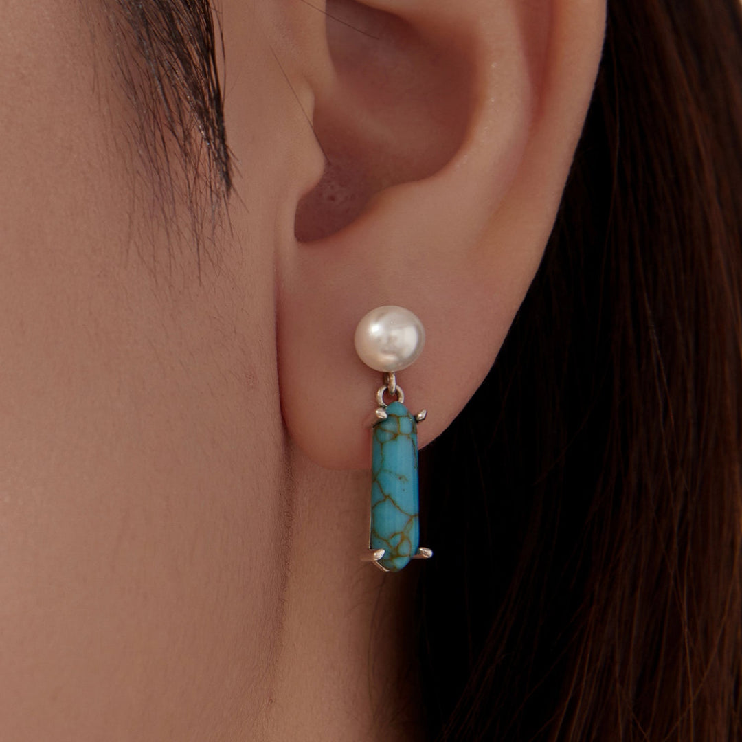 925 Sterling Silver Earrings with Synthetic Turquoise and Pearl, 2.4*0.6cm for Women