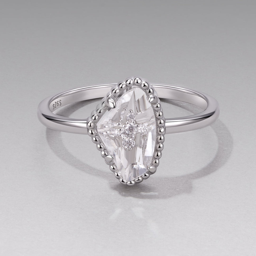 925 Sterling Silver Ring with Transparent Glass and CZ, 0.15cm Width, for Women