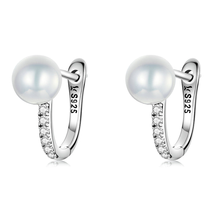 925 Sterling Silver Earrings with Pavé Setting CZ and Shell Pearl, 1.4*0.6cm for Women