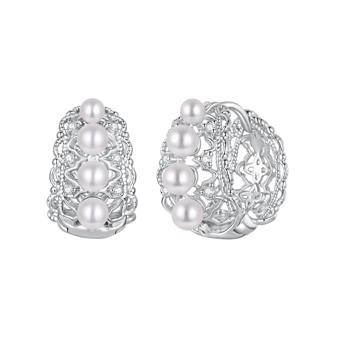 925 Sterling Silver Hoop Earrings with Synthetic Pearl and CZ, 1.1cm for Women