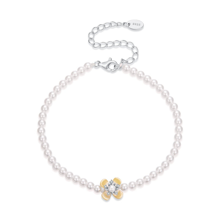 925 Sterling Silver White Gold Plated Nacre Synthetic Pearl CZ 16+5cm Bracelet for Women