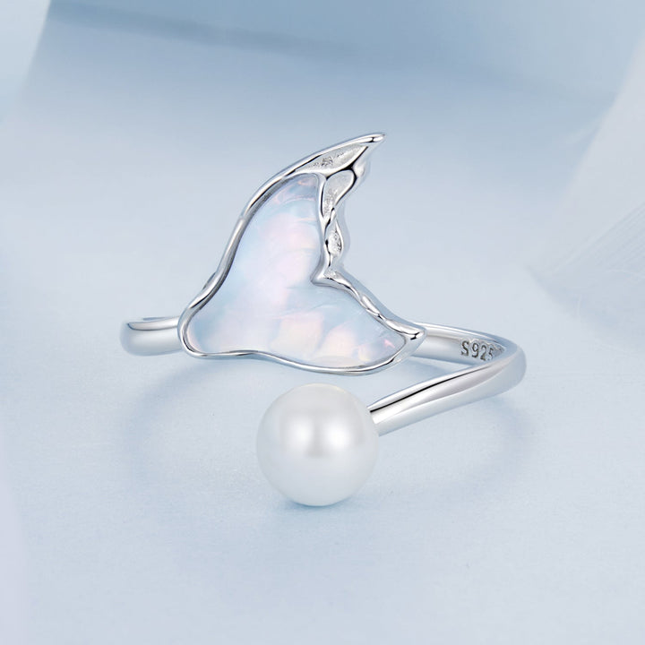 925 Sterling Silver Ring with Shell Pearl and Transparent Glass