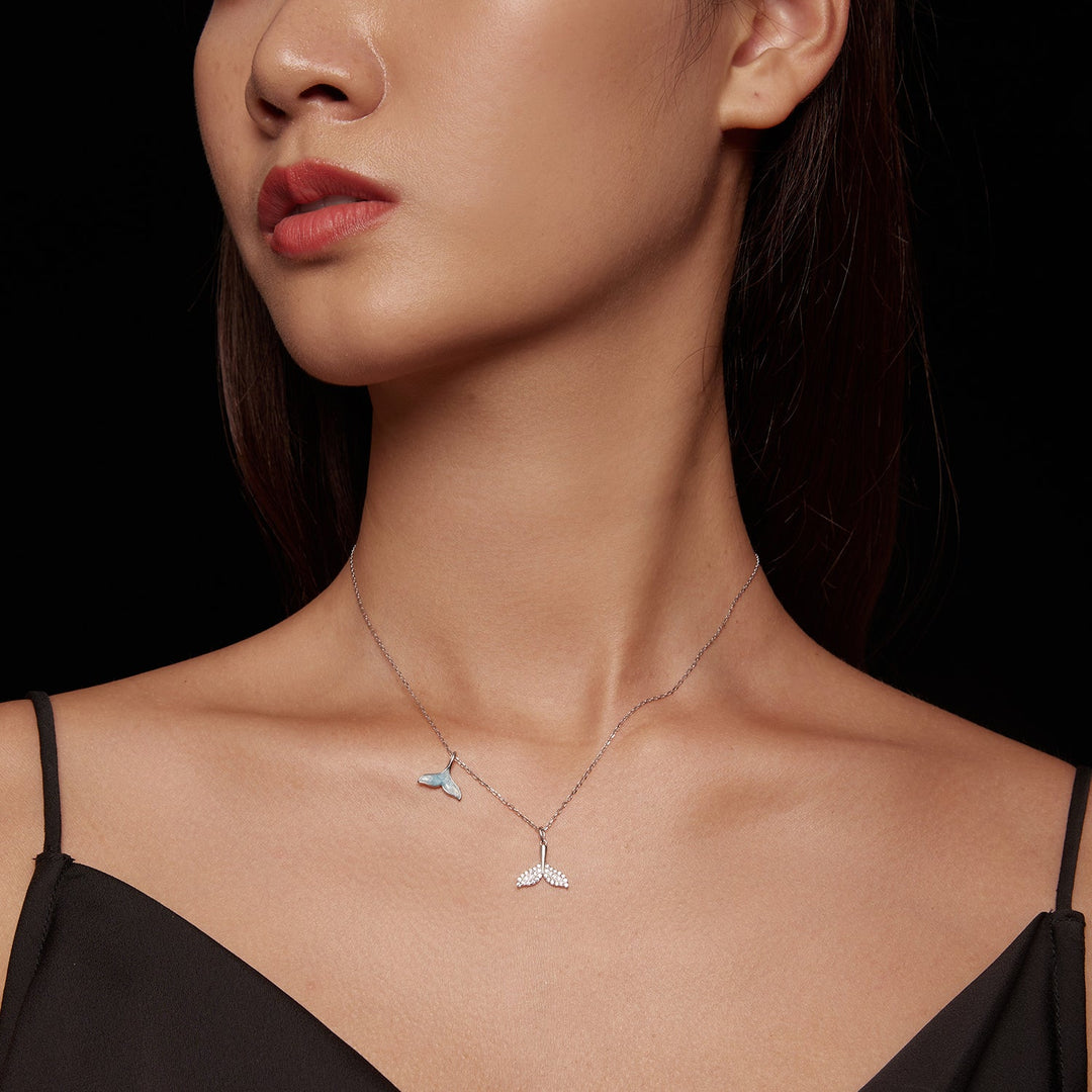 925 Sterling Silver Necklace with CZ &amp; Enamel - 40+5cm Length, Fishtail Design for Women
