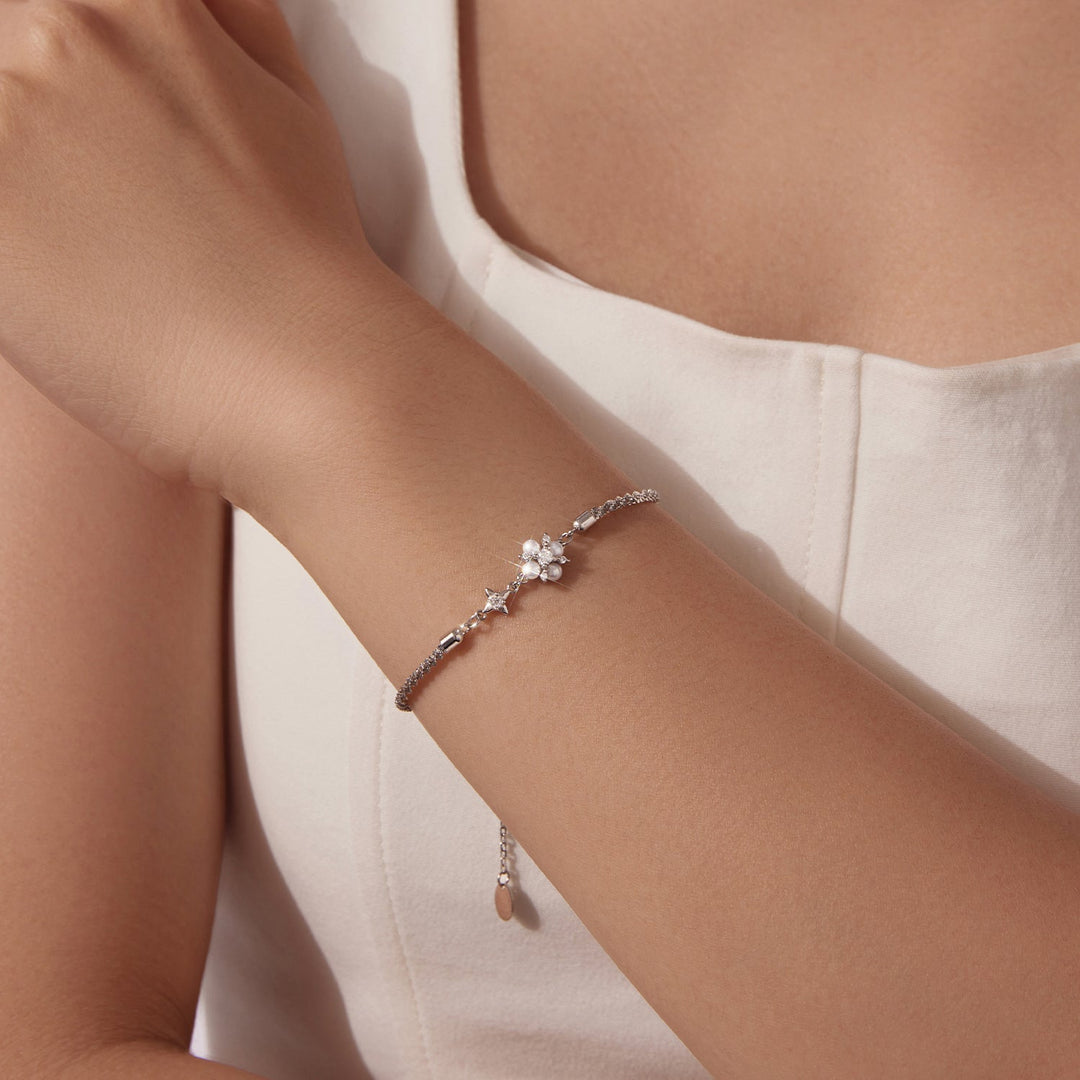 925 Sterling Silver Adjustable Moissanite &amp; Natural Pearl Bracelet for Women