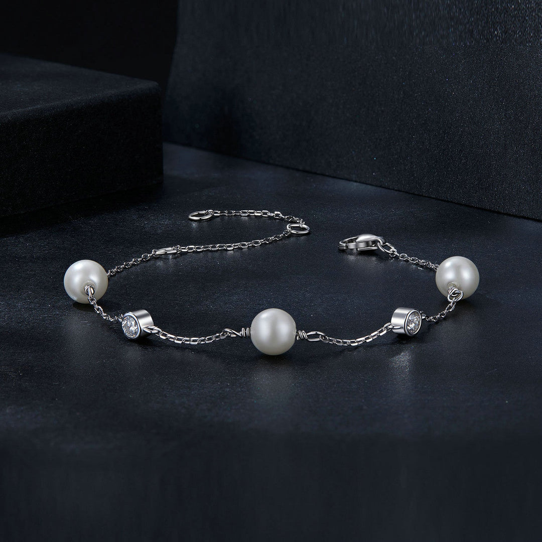 925 Sterling Silver 3mm Moissanite &amp; Shell Pearl Bracelet for Women