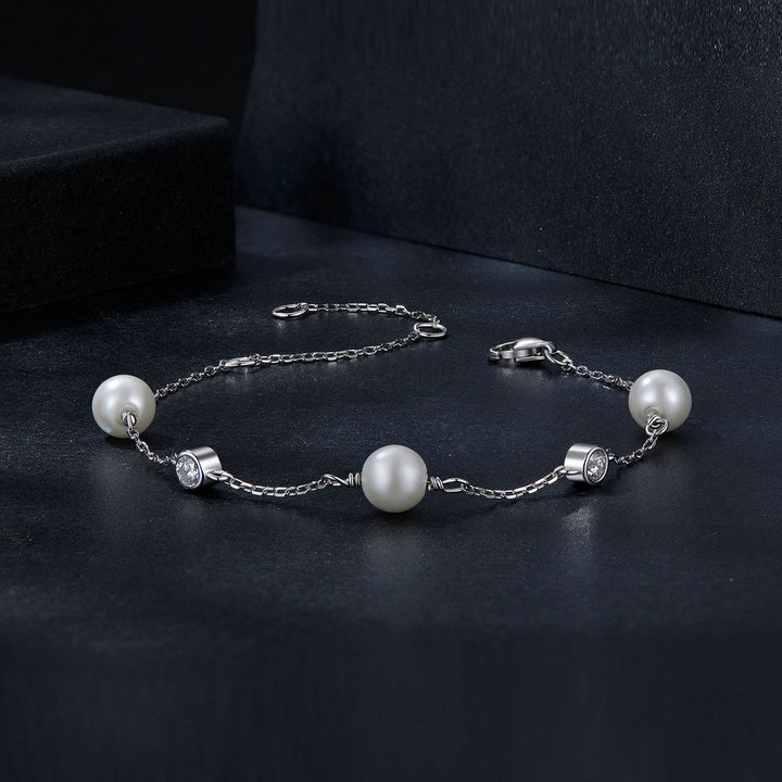 925 Sterling Silver 3mm Moissanite &amp; Shell Pearl Bracelet for Women