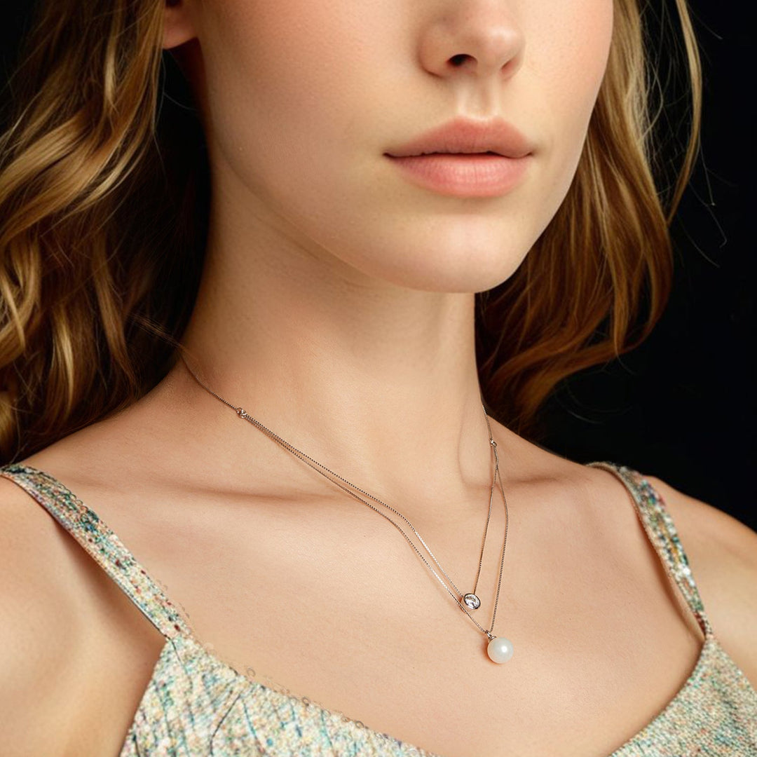 925 Sterling Silver Moissanite &amp; Quality Shell Pearl Necklace for Women - 40+5cm, White Gold Plated