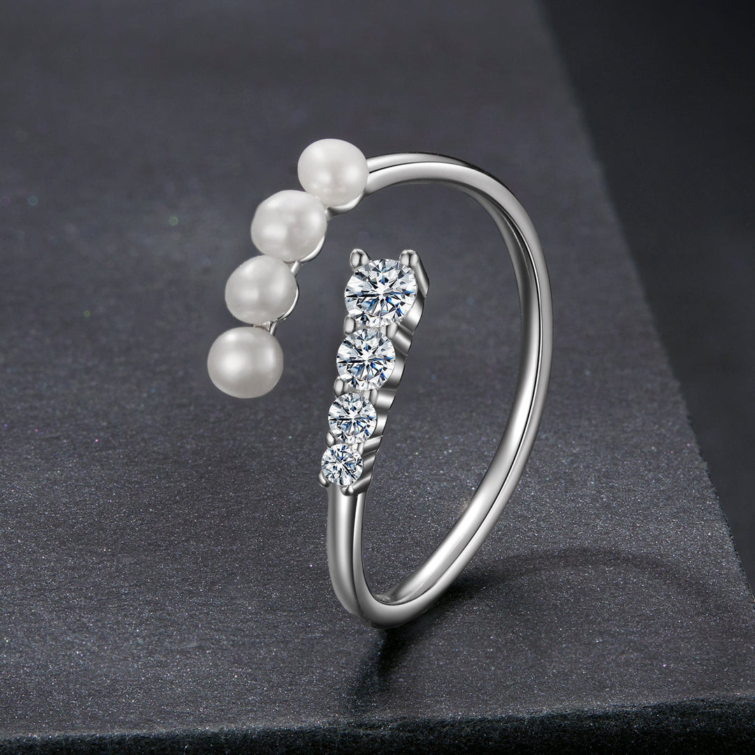 925 Sterling Silver Moissanite &amp; Freshwater Pearl Ring, White Gold Plated, Size E for Women