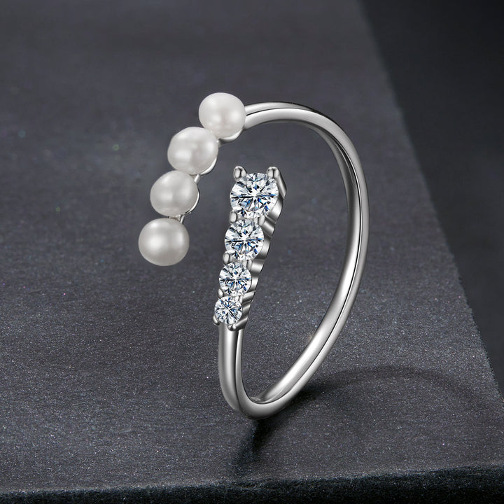 925 Sterling Silver Moissanite &amp; Freshwater Pearl Ring, White Gold Plated, Size E for Women