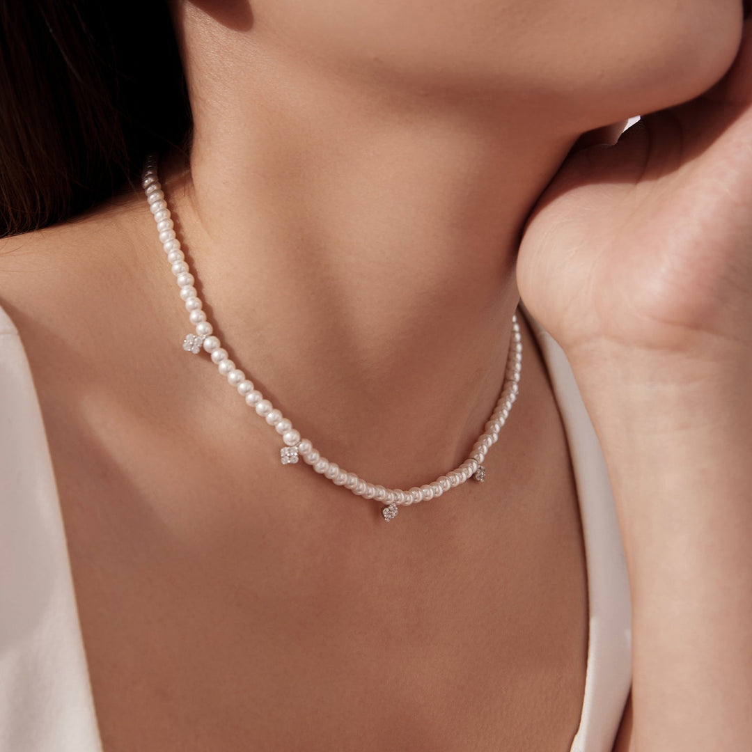 925 Sterling Silver Necklace with Pavé Setting CZ &amp; Synthetic Pearl for Women
