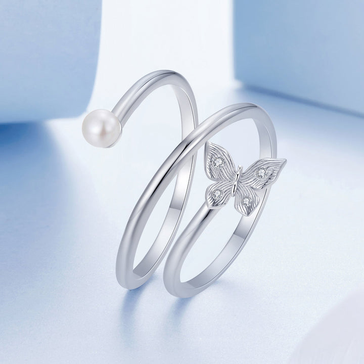 925 Sterling Silver &amp; White Gold Plated Pave Setting CZ &amp; Natural Pearl Ring for Women