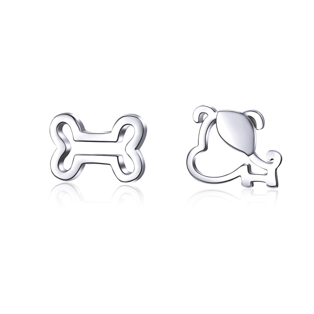 925 Sterling Silver Earrings for Women, 0.5-0.6cm, Bone and Dog Design, Platinum Plated
