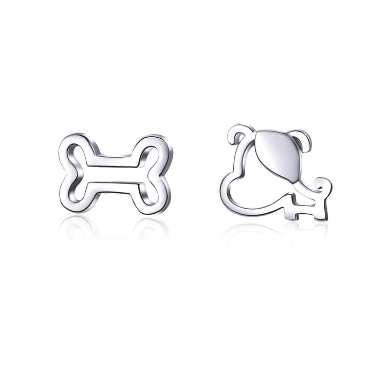 925 Sterling Silver Earrings for Women, 0.5-0.6cm, Bone and Dog Design, Platinum Plated