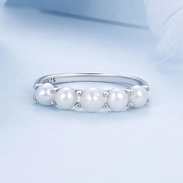925 Sterling Silver Natural Pearl Platinum Plated Ring Size 6.0 for Women