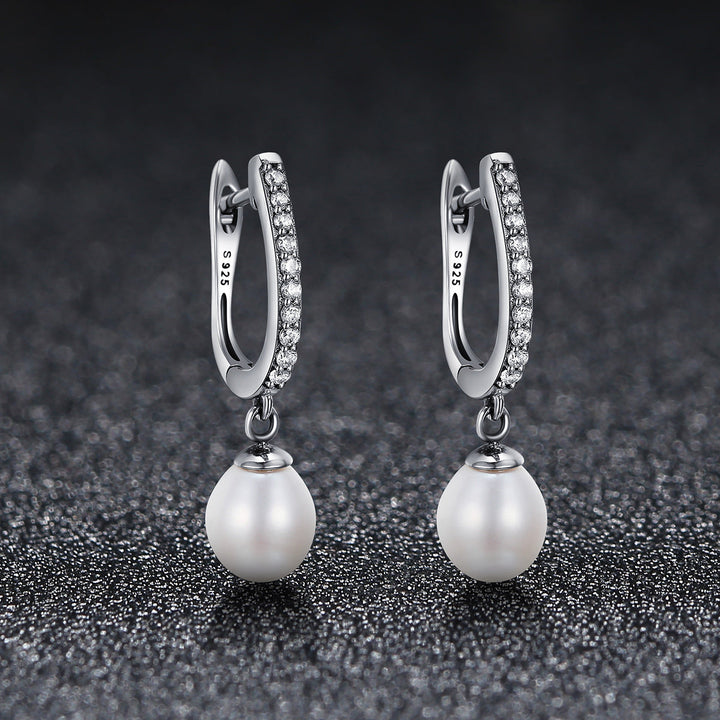 925 Sterling Silver Freshwater Pearl Earrings with Pavé Setting CZ for Women