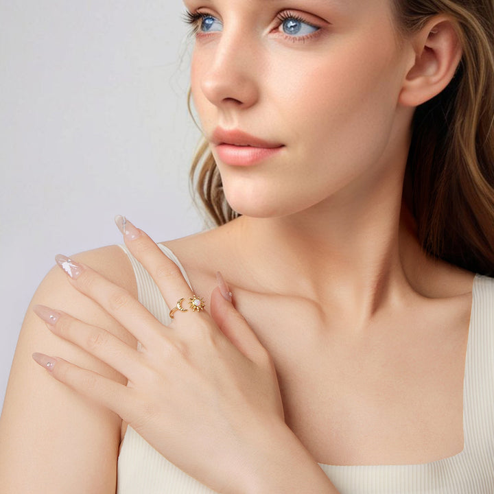 925 Sterling Silver Gold Plated Ring with Synthetic Opal Sun &amp; Moon for Women