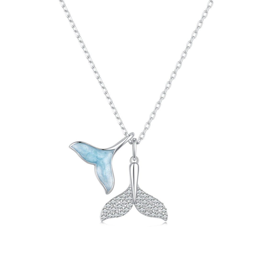 925 Sterling Silver Necklace with CZ &amp; Enamel - 40+5cm Length, Fishtail Design for Women